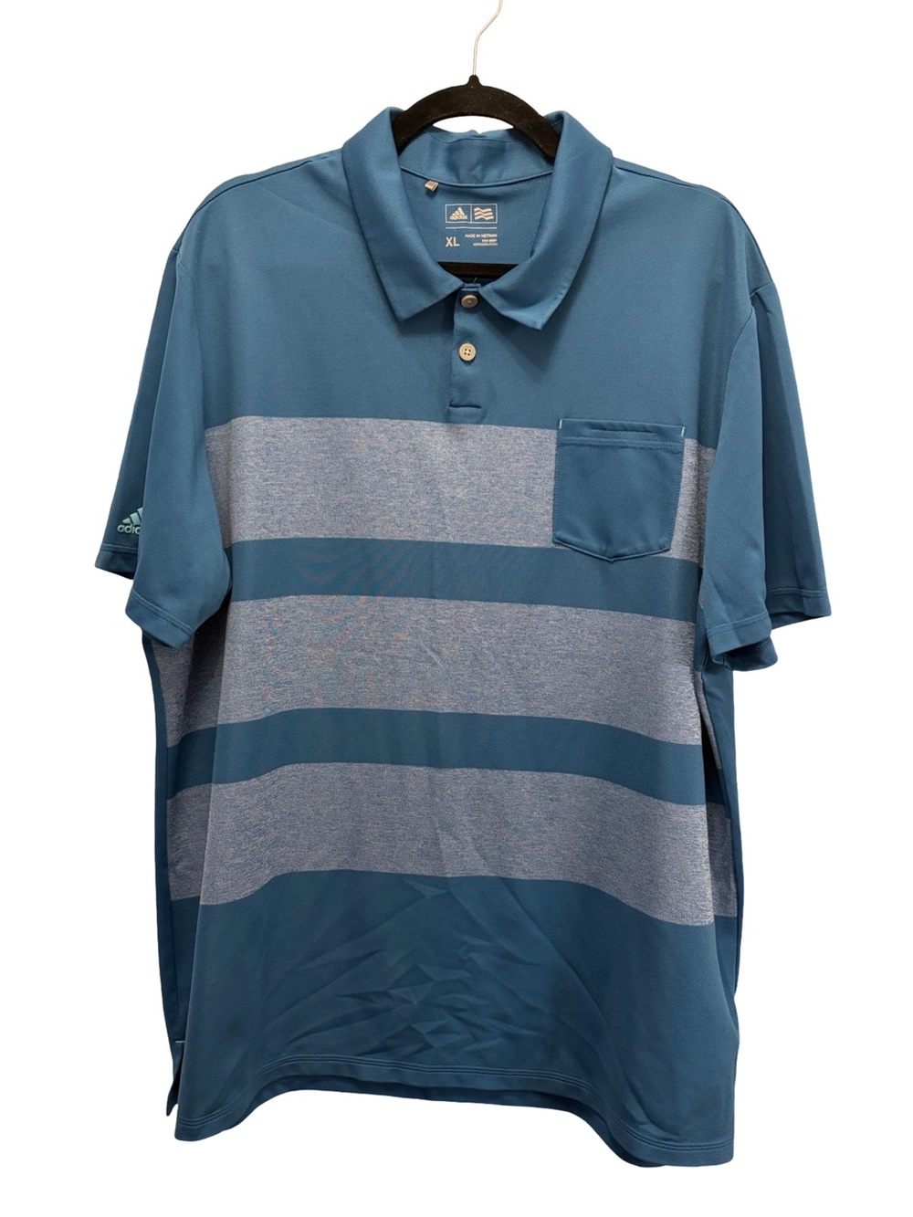 Adidas Performance Polo Shirt Mens XL Blue Gray Striped Pocket Short Sleeve